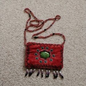 Red Beaded Velveteen Crossbody Bag with Green Stone Accent